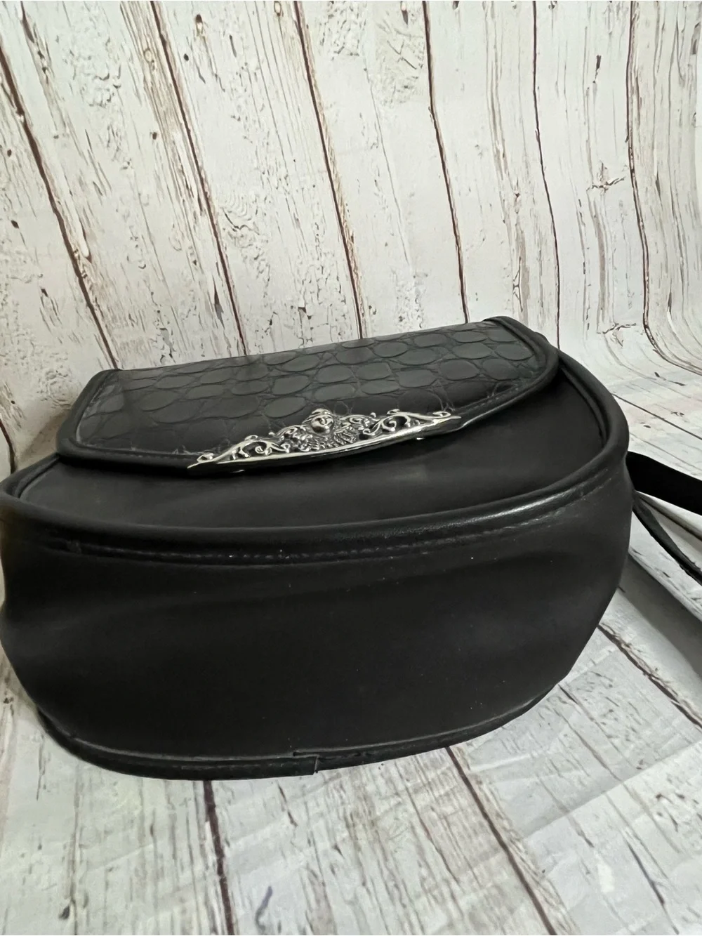 Black Croc Pattern Purse Vintage With Silver Cherub Design
